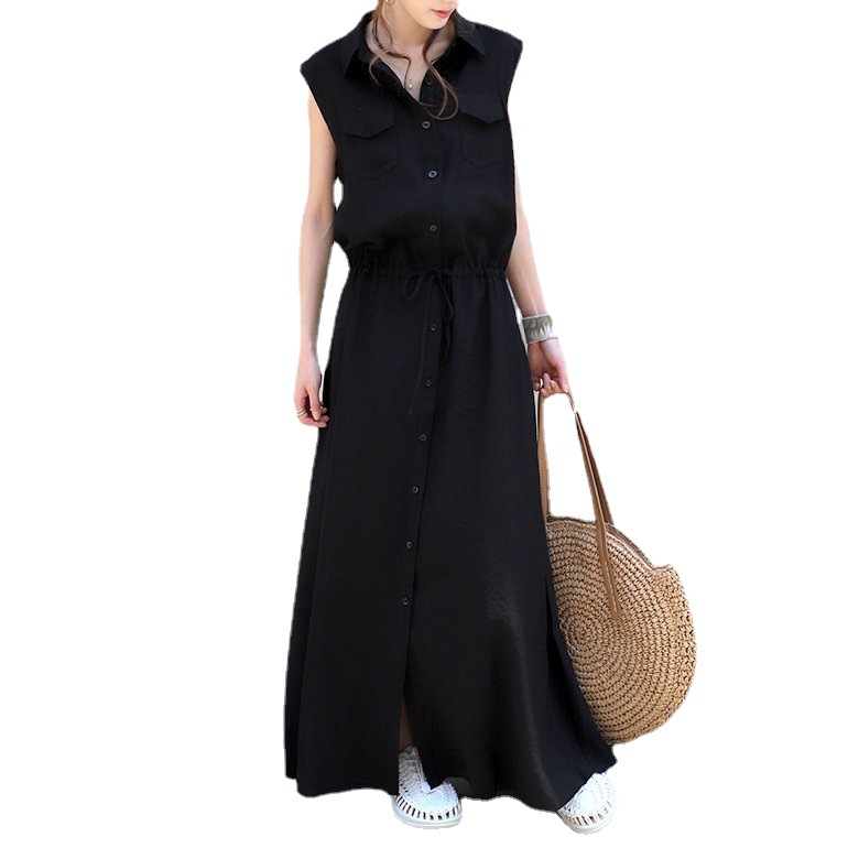 Spring 2022 new Japanese-style sleeveless pocket decorated sleeveless mid-length casual lapel dress Application Scenario