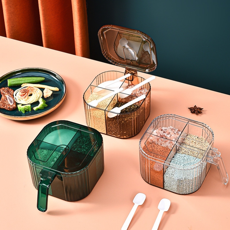 Household kitchen seasoning box combination set: Four-compartment integrated salt and monosodium glutamate jar. Household multi-compartment seasoning box with lid storage Specification image