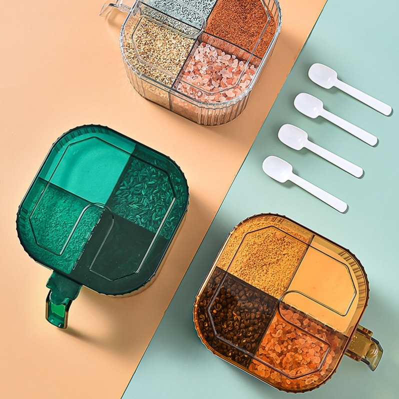 Household kitchen seasoning box combination set: Four-compartment integrated salt and monosodium glutamate jar. Household multi-compartment seasoning box with lid storage Application Scenario