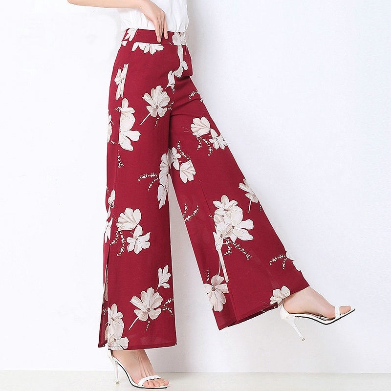 Amazon Southeast Asia floral wide-leg pants for women's summer new Korean style loose split nine-inch pants for women with high waist and a sense of drop Specification image