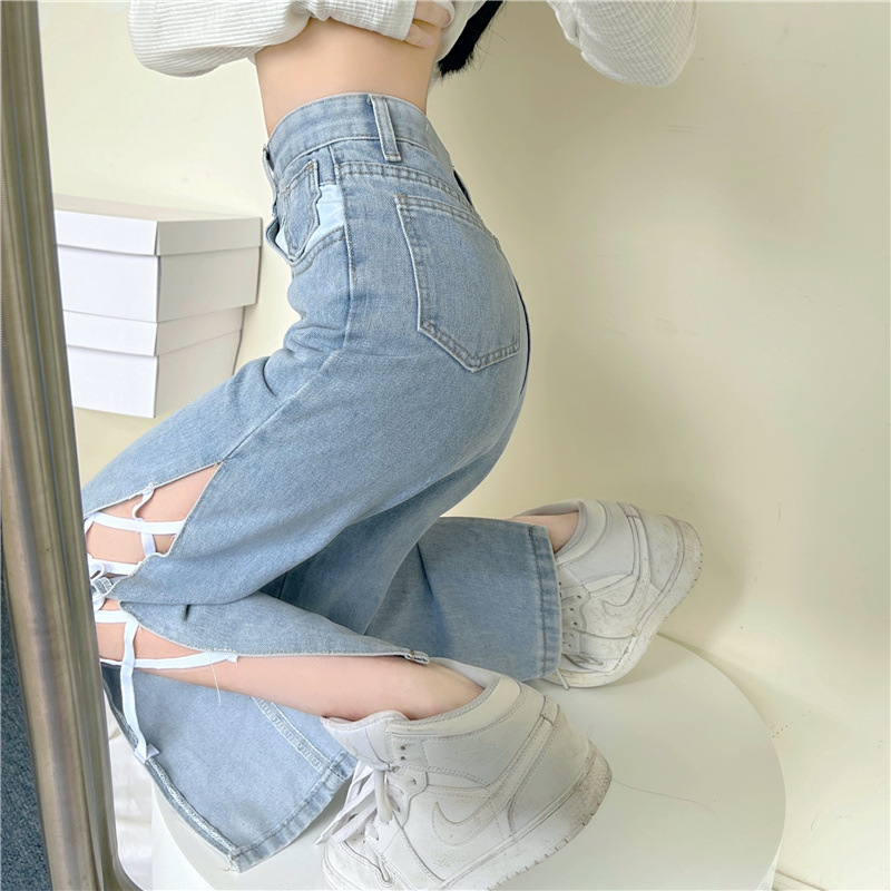 The 2021 autumn new women's high-waisted jeans with a trendy ins design sense, split pants, straight-leg loose wide-leg pants