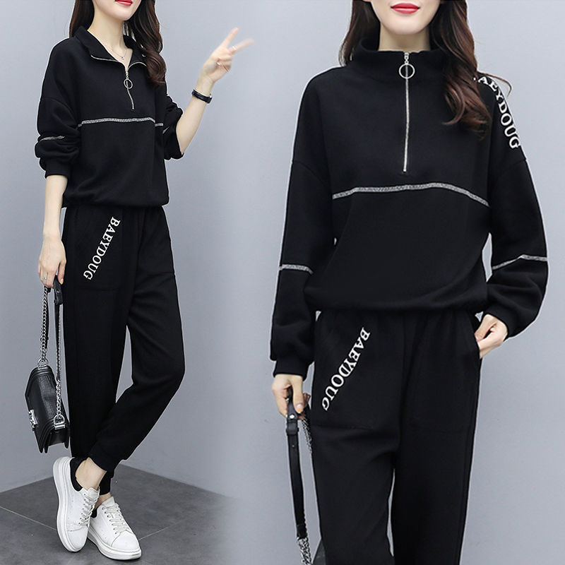 Casual plus-size women's clothing 200-pound fat sister set for women, new Spring and autumn loose zipper stylish and youthful two-piece set details Picture