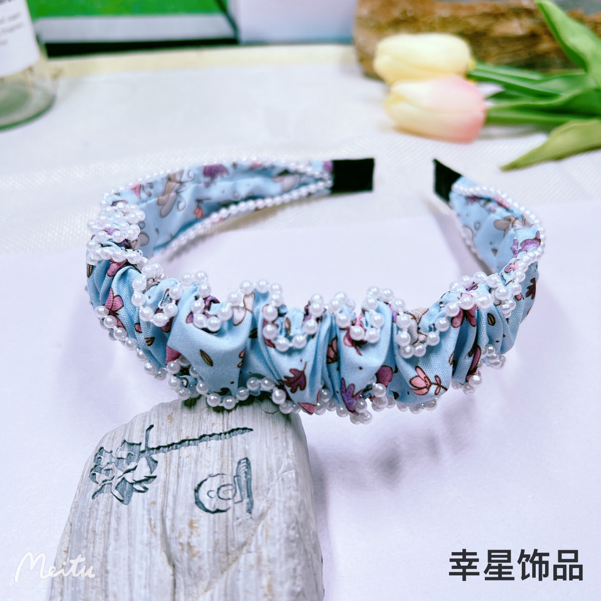 YAJA Butterfly Flower pleated hairband, pearl double-sided hairpin, face-washing headband, fashionable and popular hair-pressing and shattering headwear Specification image