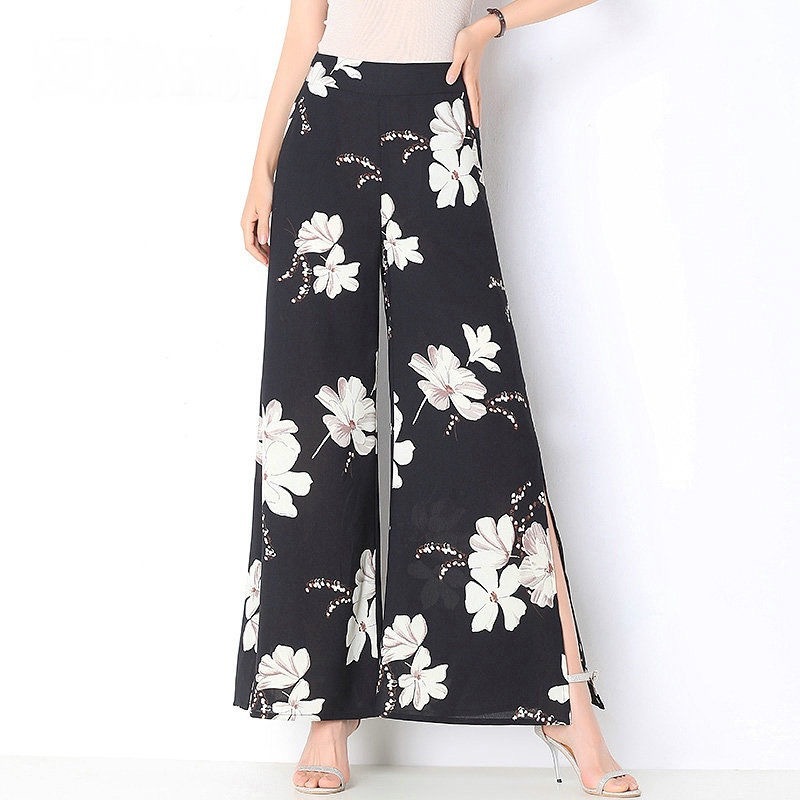 Amazon Southeast Asia floral wide-leg pants for women's summer new Korean style loose split nine-inch pants for women with high waist and a sense of drop Application Scenario
