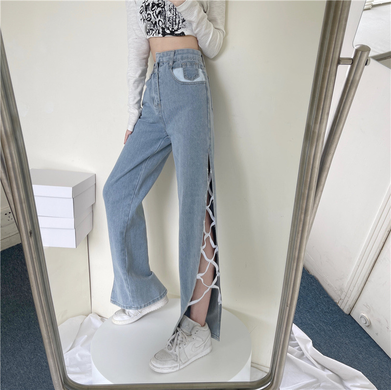 The 2021 autumn new women's high-waisted jeans with a trendy ins design sense, split pants, straight-leg loose wide-leg pants details Picture