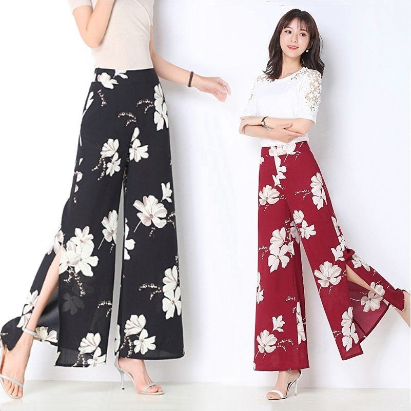 Amazon Southeast Asia floral wide-leg pants for women's summer new Korean style loose split nine-inch pants for women with high waist and a sense of drop