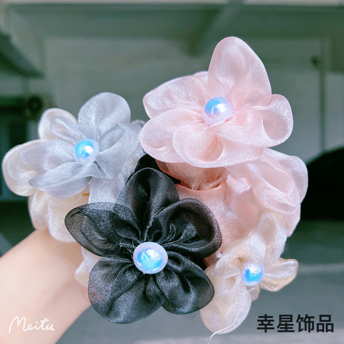 Yong 'ai Jiu 'ai Gauze, Bright beads, sunflowers, hair ties, women's large intestine hair bands, hair ties, balls, rubber bands, hair accessories Specification image