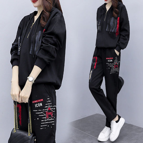 Cross-border chubby girl Spring and Autumn New Season large-sized set, loose hooded printed casual sportswear for women, Korean style two-piece set details Picture