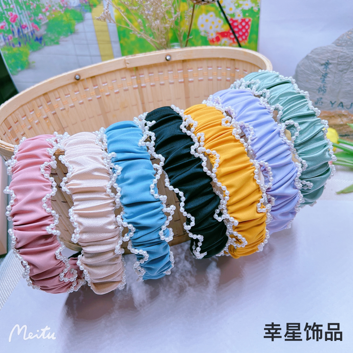 Yong 'ai Jiu 'ai fabric pearl pleated hair band Solid color girl wide edge high head top headband Elegant hair accessory hair clip