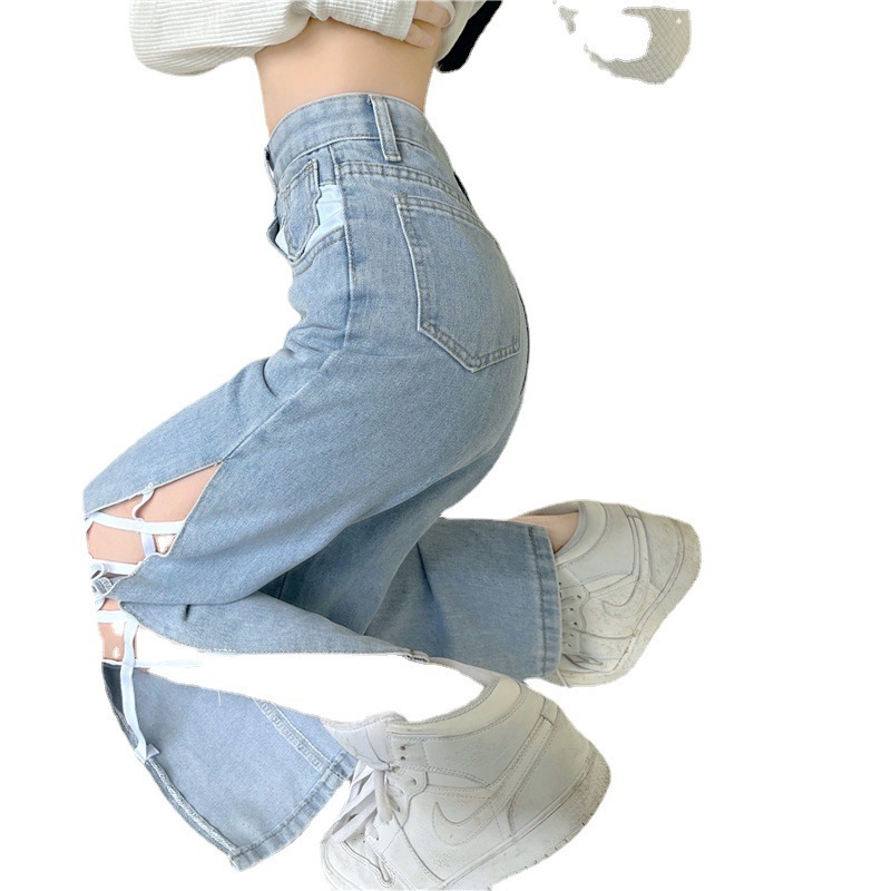 The 2021 autumn new women's high-waisted jeans with a trendy ins design sense, split pants, straight-leg loose wide-leg pants Item Picture