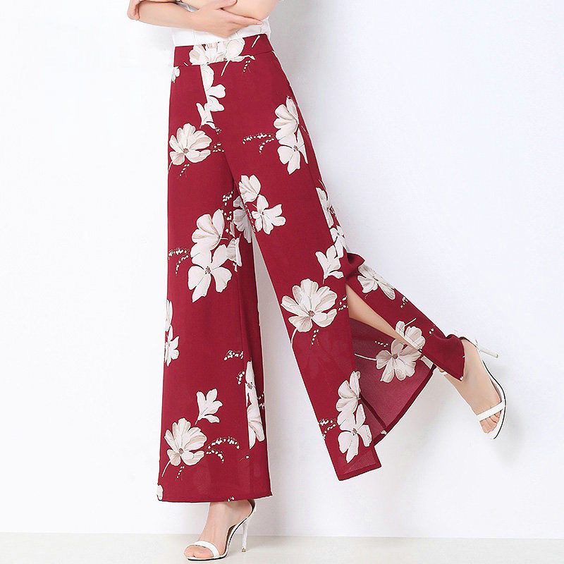 Amazon Southeast Asia floral wide-leg pants for women's summer new Korean style loose split nine-inch pants for women with high waist and a sense of drop details Picture