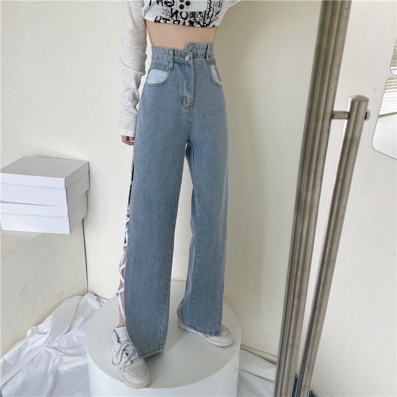 The 2021 autumn new women's high-waisted jeans with a trendy ins design sense, split pants, straight-leg loose wide-leg pants Specification image