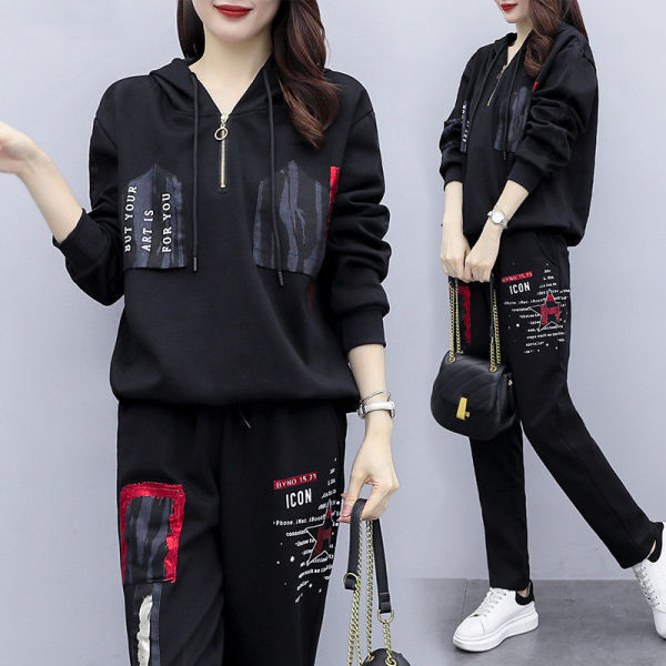 Cross-border chubby girl Spring and Autumn New Season large-sized set, loose hooded printed casual sportswear for women, Korean style two-piece set