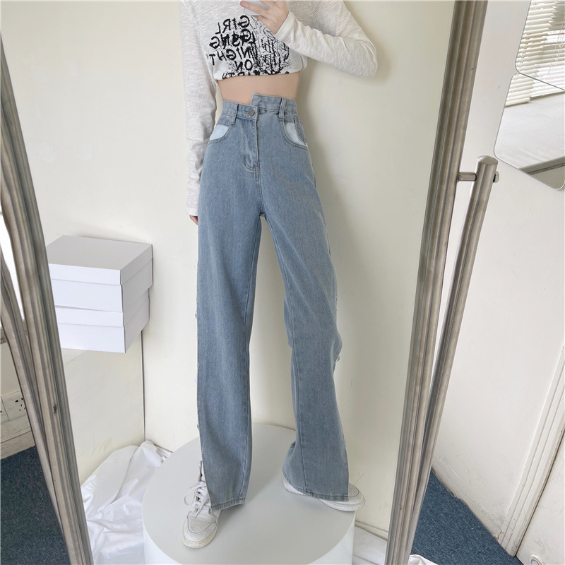 The 2021 autumn new women's high-waisted jeans with a trendy ins design sense, split pants, straight-leg loose wide-leg pants Application Scenario