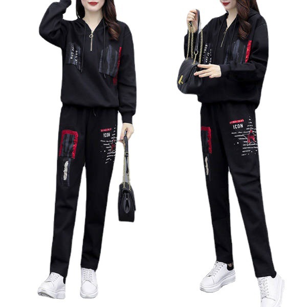 Cross-border chubby girl Spring and Autumn New Season large-sized set, loose hooded printed casual sportswear for women, Korean style two-piece set Item Picture