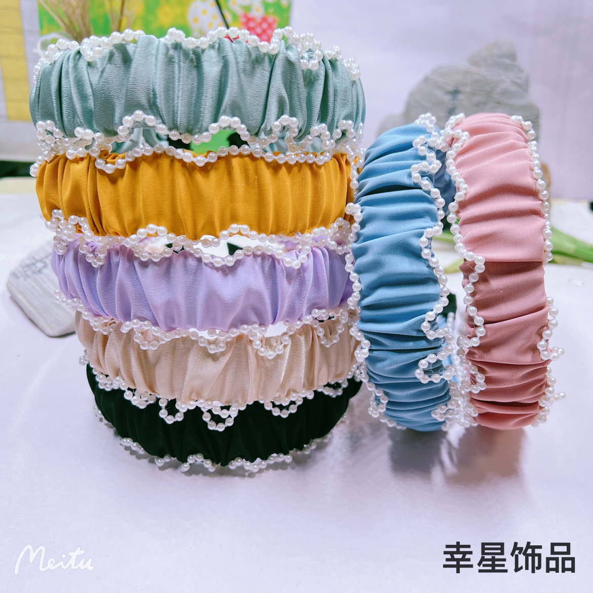 Yong 'ai Jiu 'ai fabric pearl pleated hair band Solid color girl wide edge high head top headband Elegant hair accessory hair clip Specification image