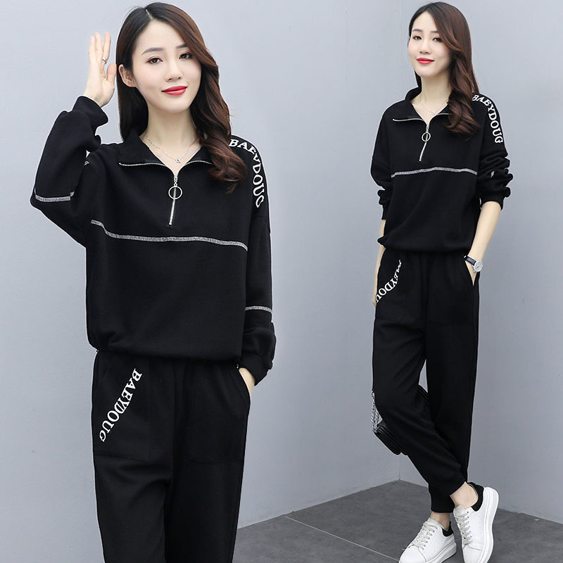Casual plus-size women's clothing 200-pound fat sister set for women, new Spring and autumn loose zipper stylish and youthful two-piece set Specification image