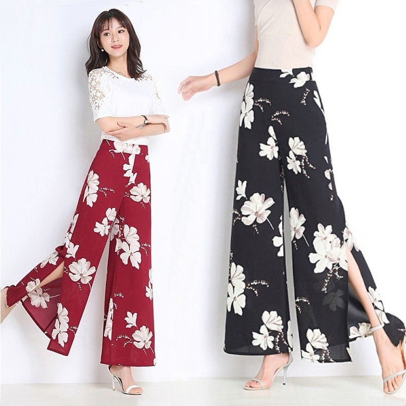 Amazon Southeast Asia floral wide-leg pants for women's summer new Korean style loose split nine-inch pants for women with high waist and a sense of drop Item Picture
