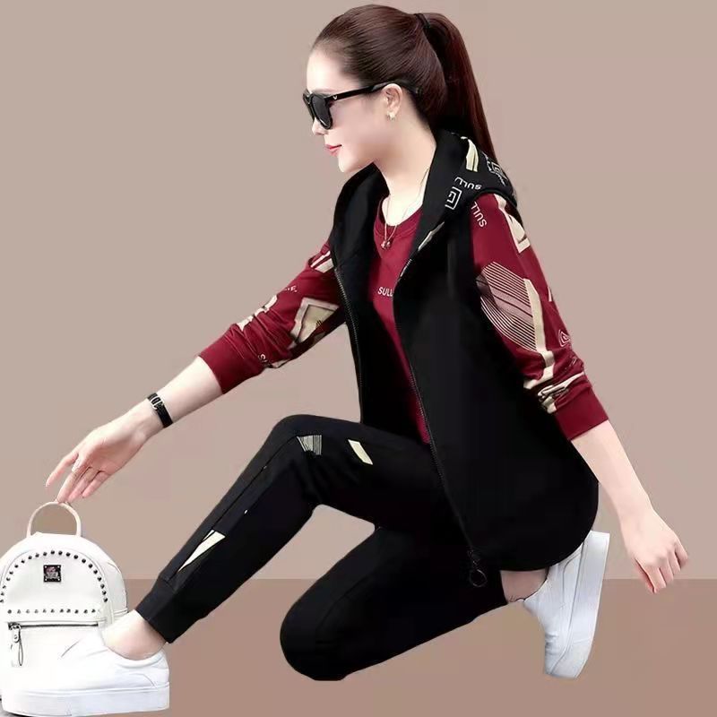 Spring and Autumn three-piece vest set for women 2021 New long-sleeved sweatshirt, loose large-sized hooded casual sportswear set Specification image