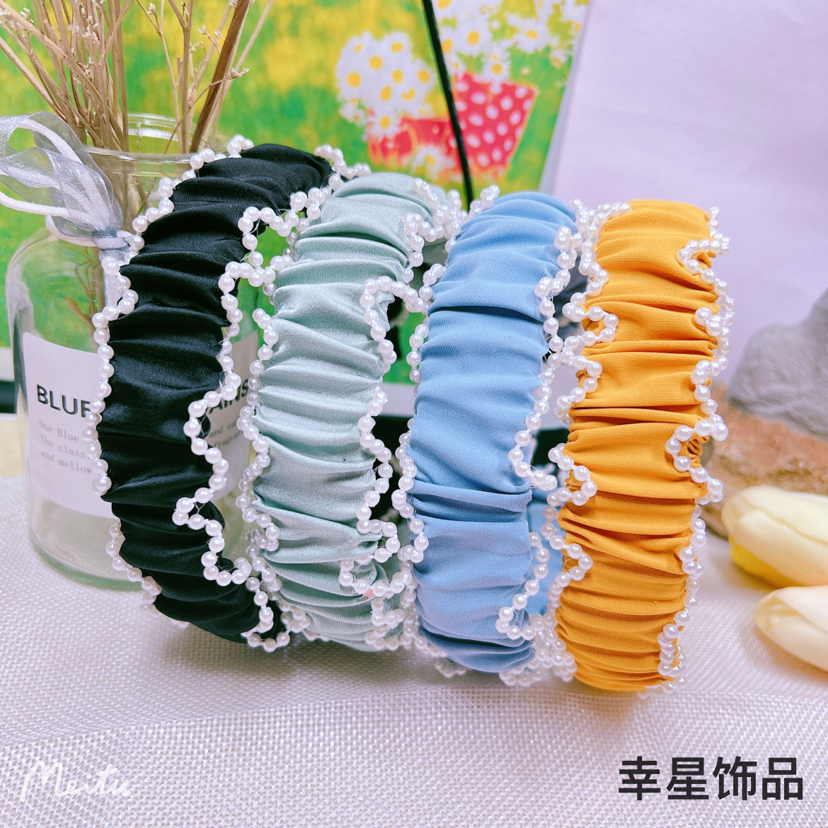 Yong 'ai Jiu 'ai fabric pearl pleated hair band Solid color girl wide edge high head top headband Elegant hair accessory hair clip details Picture
