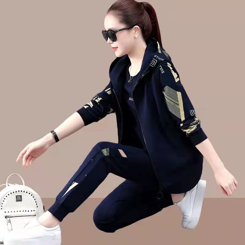 Spring and Autumn three-piece vest set for women 2021 New long-sleeved sweatshirt, loose large-sized hooded casual sportswear set details Picture