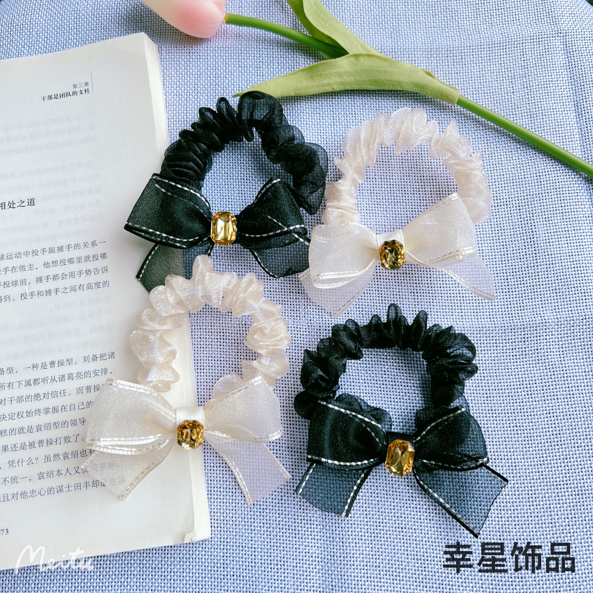 YAJA diamond pearl bow hair band, elegant and simple, gauze hair tie, leather band women's hair tie, Korean-style headwear, multiple styles Item Picture