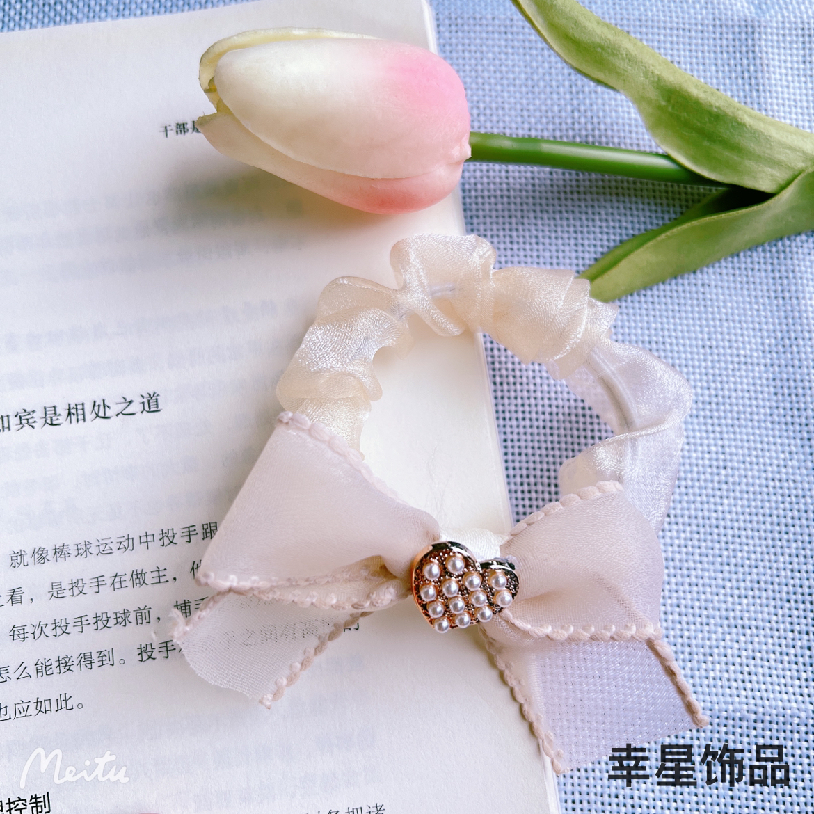 YAJA diamond pearl bow hair band, elegant and simple, gauze hair tie, leather band women's hair tie, Korean-style headwear, multiple styles details Picture