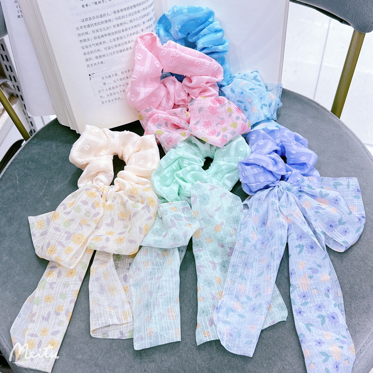 YAJA's super fairy floral bow ribbon style large intestine hair band, elegant and stylish ponytail hair tie new headwear