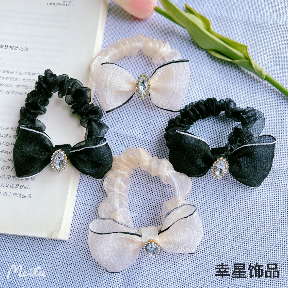 YAJA diamond pearl bow hair band, elegant and simple, gauze hair tie, leather band women's hair tie, Korean-style headwear, multiple styles Specification image