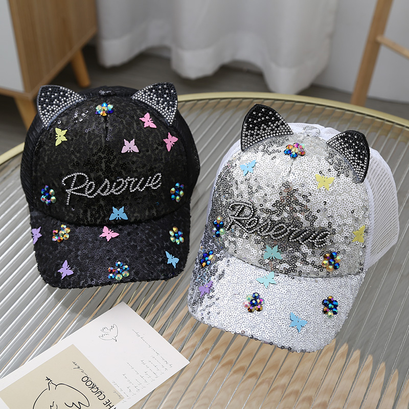 Children's hat girl spring and autumn sequin cap girl fashion cute super cute princess parent-child net rabbit ears summer thumbnail