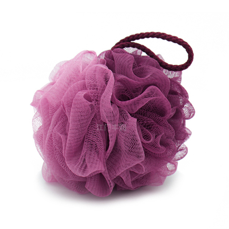 The recycled material bath balls produced by the bath ball manufacturer have large-sized scrubbing and foaming nets on both sides. Customized bath flowers are available in various styles Specification image