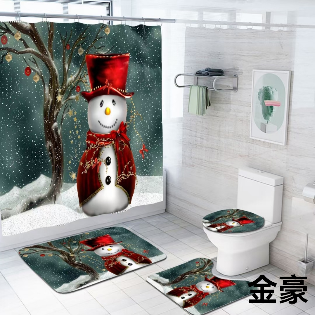 Cross-border e-commerce Amazon Christmas bathroom shower curtain 3D digital printed shower curtain can be customized four-piece set of shower curtain