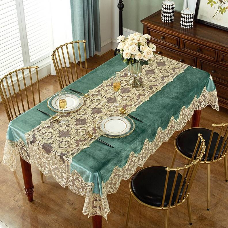 金丝绒高档q桌布餐桌布茶几轻奢欧式蕾丝花边刺绣防尘布方形桌布