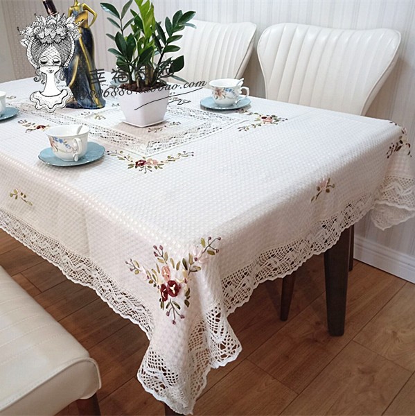 包邮外贸出口欧美米黄色华夫格涤棉手工丝带绣花桌布茶几巾特惠
