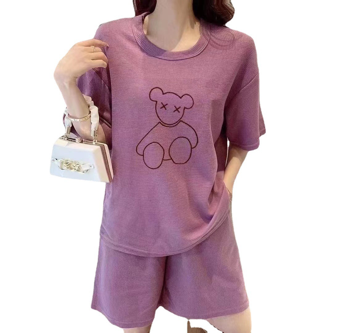 Waffle Bear Set 2022 New Fashion Embroidered outerwear, home wear, short-sleeved, trendy shorts, two-piece set for women Item Picture