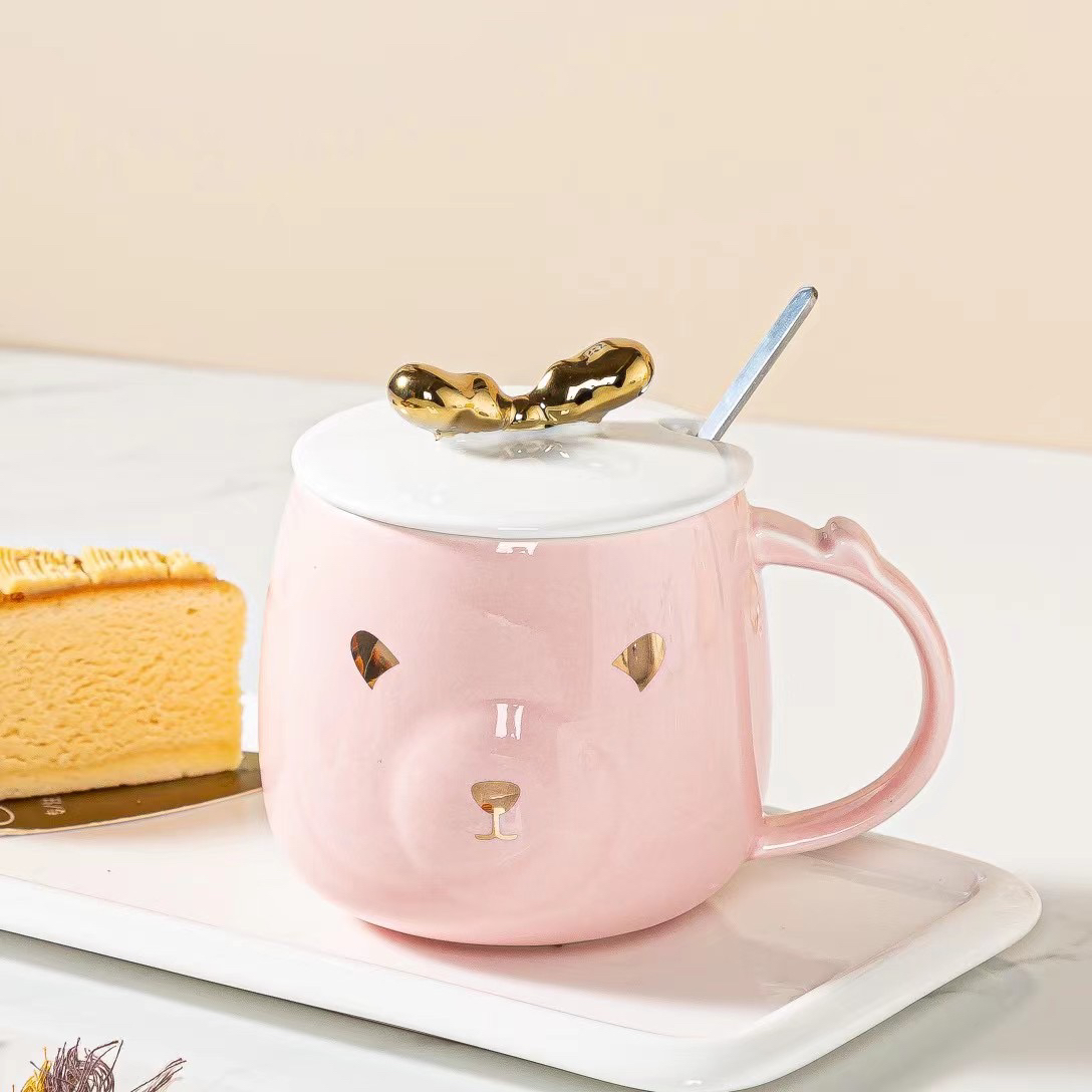 New painted gold fawn ceramic mug cartoon mug with lid spoon water mug coffee mug