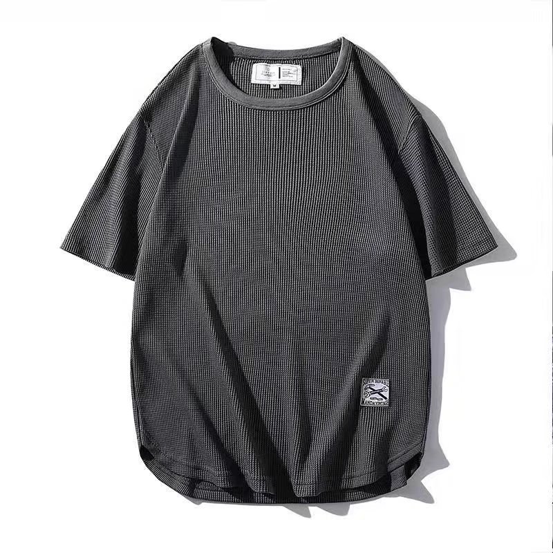 Waffle short-sleeved T-shirt, men's summer trendy round-neck color base layer, half-sleeved simple top, student trendy shirt Item Picture