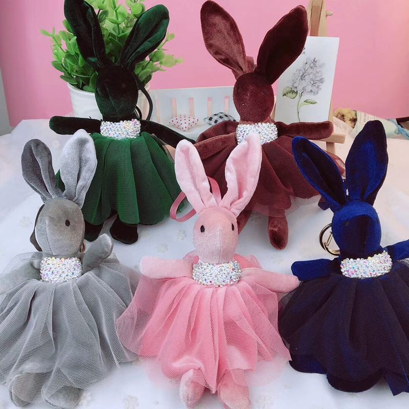 包邮镶钻许愿兔公仔汽车钥匙扣 韩国绒蕾丝纱裙兔包挂件 创意礼品