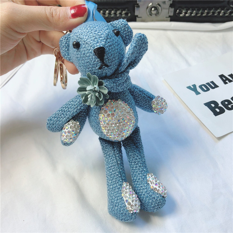 上新麻布小熊钥匙扣陶泥镶钻公仔包包挂件女式汽车钥匙链饰品挂饰