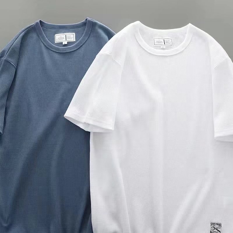 Waffle short-sleeved T-shirt, men's summer trendy round-neck color base layer, half-sleeved simple top, student trendy shirt Specification image