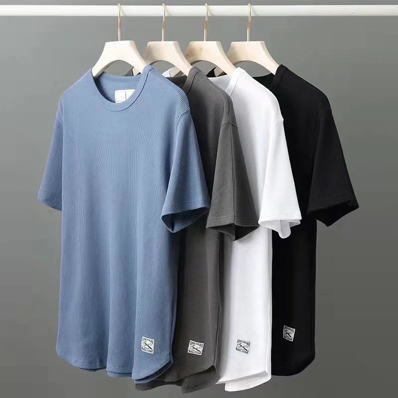 Waffle short-sleeved T-shirt, men's summer trendy round-neck color base layer, half-sleeved simple top, student trendy shirt details Picture