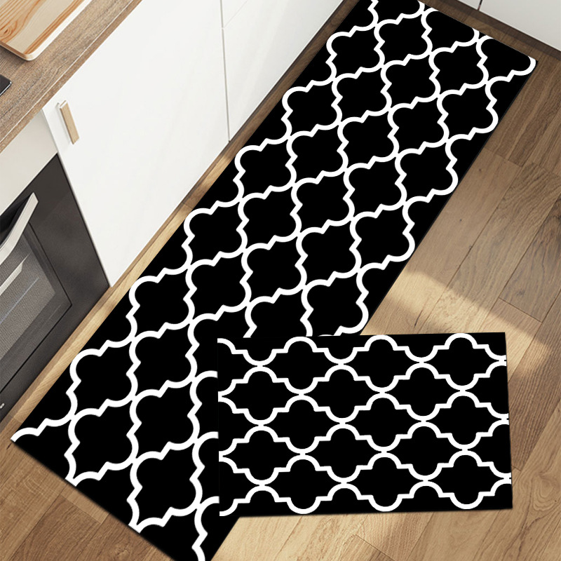 Two-piece set of cross-border simple and modern black and white checkered kitchen MATS, water-absorbing and oil-absorbing kitchen carpets, floor MATS and door MATS Application Scenario