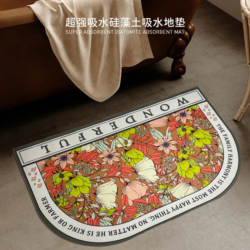 American-style light luxury semi-circular bathroom floor mat, diatom mud bathroom water-absorbing anti-slip door mat, toilet door waterproof foot mat details Picture