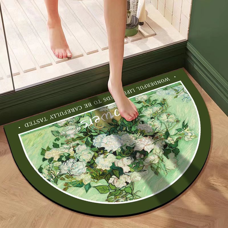 Semi-circular oil painting diatom mud absorbent mat, bathroom soft floor mat, anti-slip door mat, quick-drying foot mat, bathroom entrance mat Application Scenario