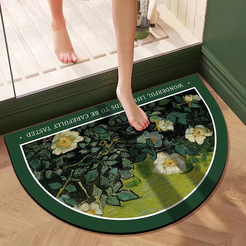 Semi-circular oil painting diatom mud absorbent mat, bathroom soft floor mat, anti-slip door mat, quick-drying foot mat, bathroom entrance mat