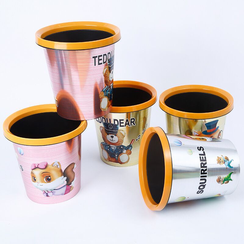 Printed trash cans, dormitory household, various edge-pressed cartoon letter trash cans, street stall ring-pressed trash cans manufacturers Application Scenario