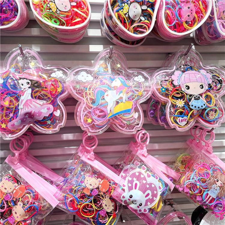 Children's disposable rubber band, black and colorful hair band, non-damaging hair tie, cartoon five-pointed star bagged rubber band hair band