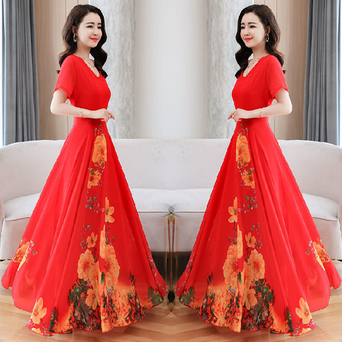 This is a new summer short-sleeved long dress for middle-aged and elderly mothers Item Picture