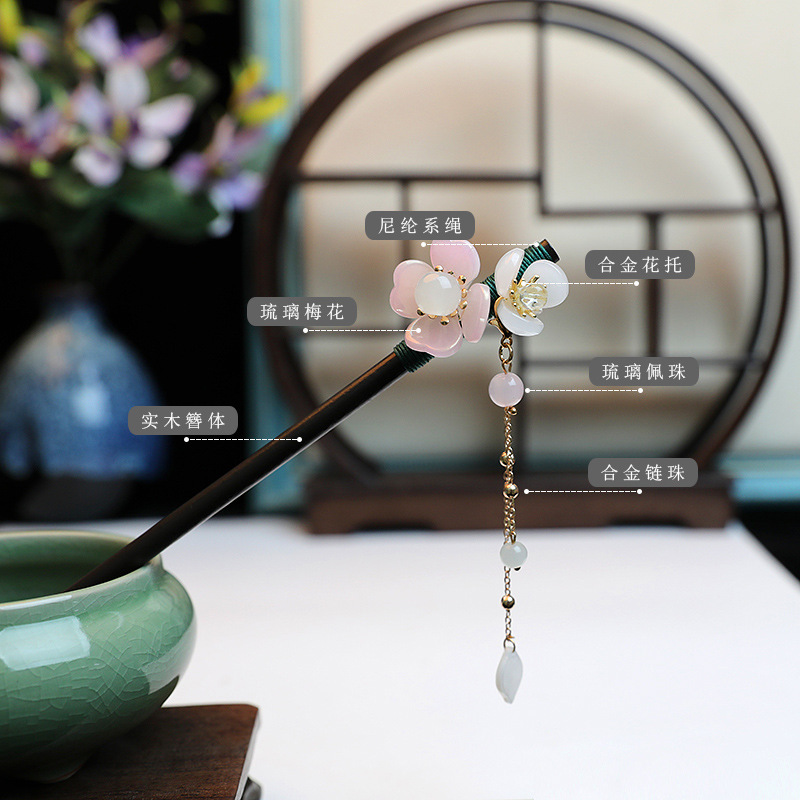 Retro flower-patterned ebony hairpin for women, simple ancient-style hair accessory, tassel Hanfu, wooden hairpin headwear for women details Picture