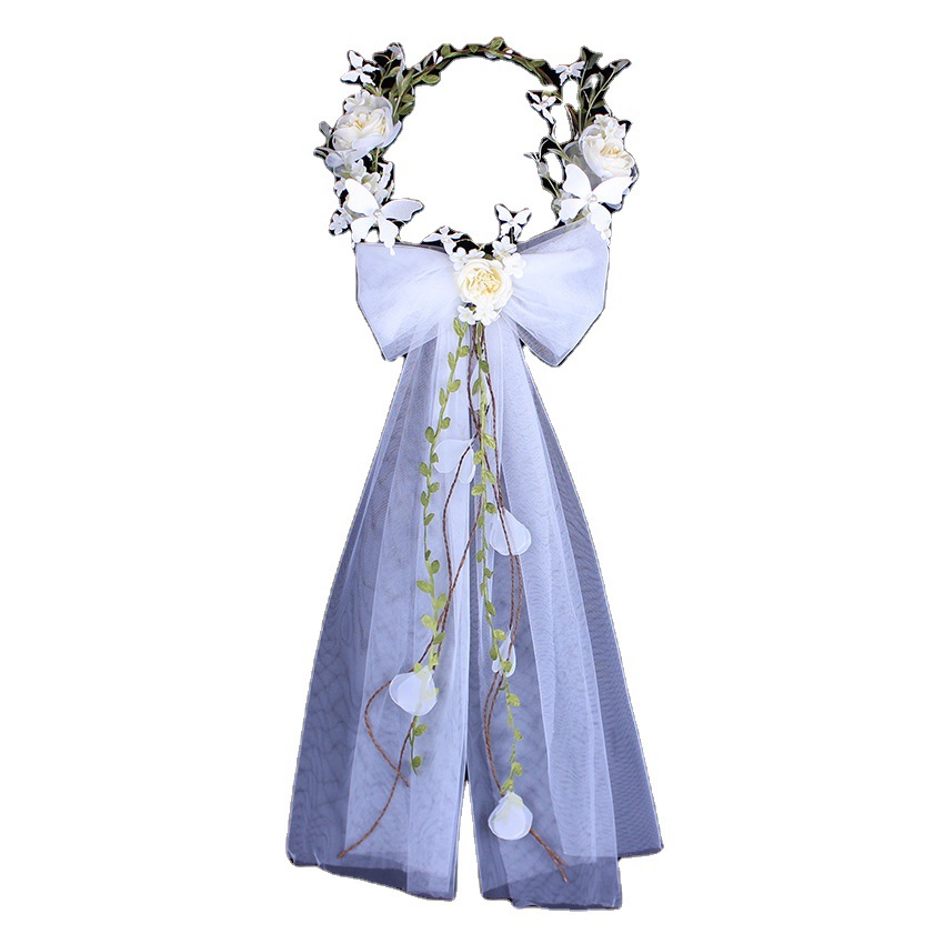 Bow veil simulation garland, European and American hand-woven white rose wedding dress dress garland headpiece Item Picture